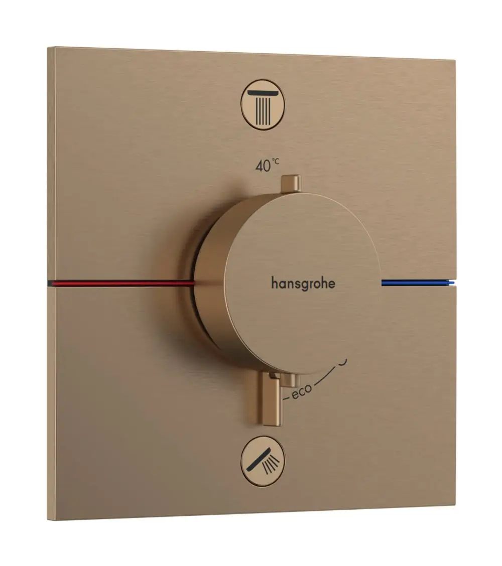 Thermostat von Hansgrohe mit einem runden Drehknopf zur Wassertemperatur- und Verbrauchseinstellung in brushed Bronze. Symbole für Temperatur und Funktionen sind abgebildet.